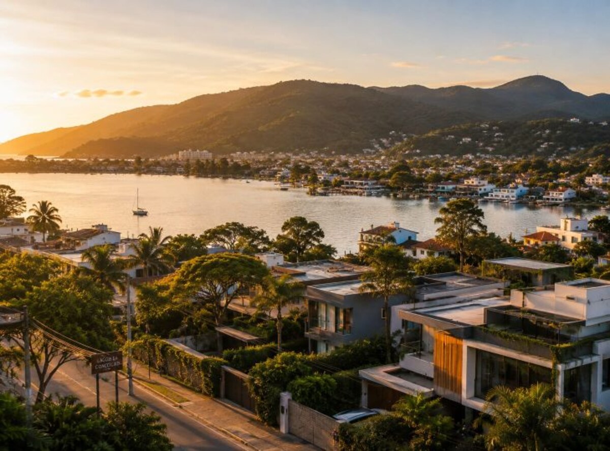 Lagoa da Conceição — Bucht mit moderner Wohnarchitektur und bewaldeten Hügeln im Abendlicht.