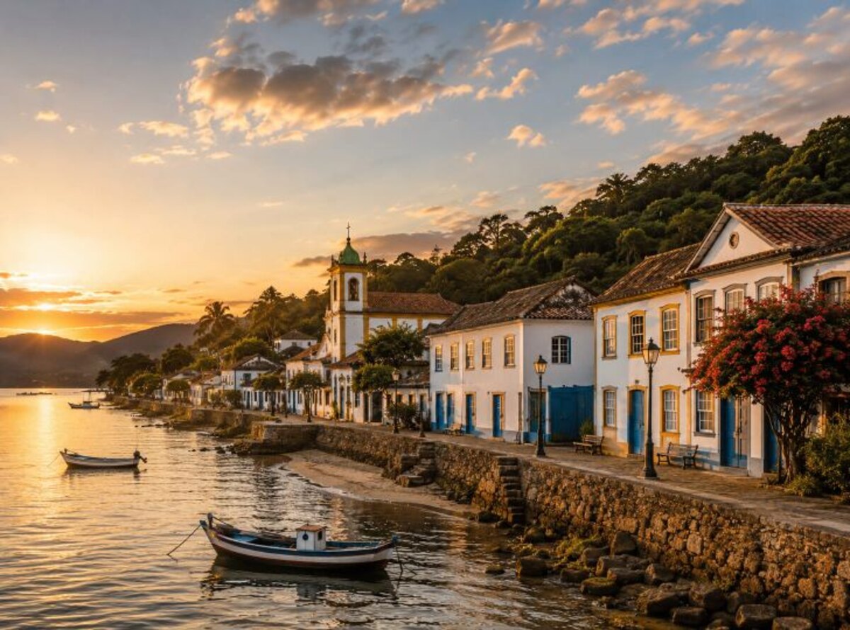 Koloniales Fischerdorf Ribeirão da Ilha — historische Häuser am Wasser bei Sonnenuntergang.